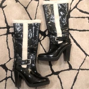 Michael Kors Derby Black Patent Leather Sherpa Trimmed Boots Sz 9